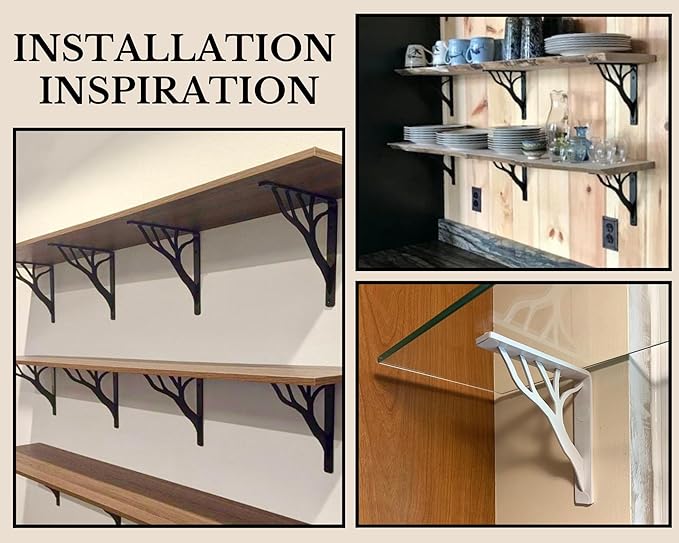 Rustic Tree Black Heavy Duty Shelf Brackets 8 inch by Balin Designs, Decorative L Brackets, Iron Metal Floating Shelf Bracket, Wall Mount Shelving Bracket, Included Hardware, Set of 4