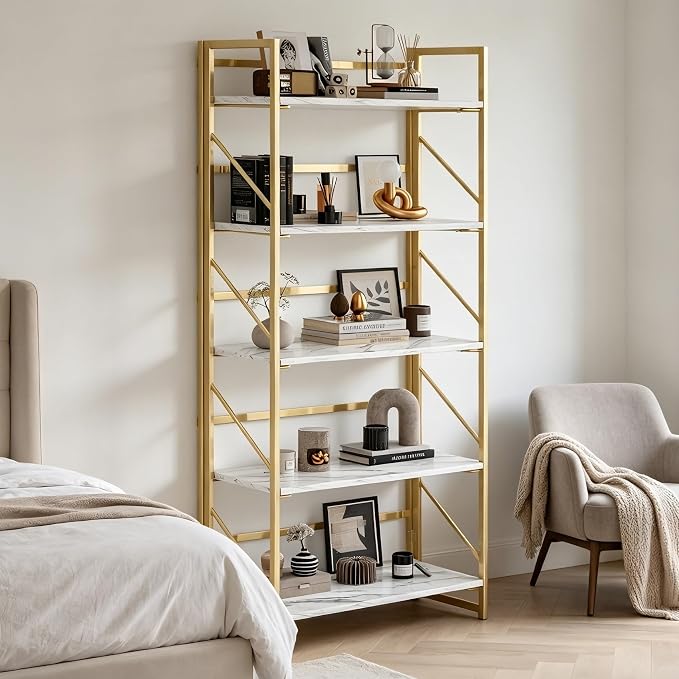 JSB 5 Tier No Assembly Folding Bookshelf, Foldable Storage Bookcase for Home Office, Space-Saving Storage Shelf for Living Room, Bedroom, Office (White&Gold)