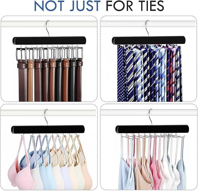 2-Pack Tie Rack Hanger for Closet, 36 Hooks Belt Hanger, Black | Wooden Tie Organizer for Men, Space-Saving Tie Holder, Upgraded Simple Folding Hooks, Sleek Tie and Belt Hanger
