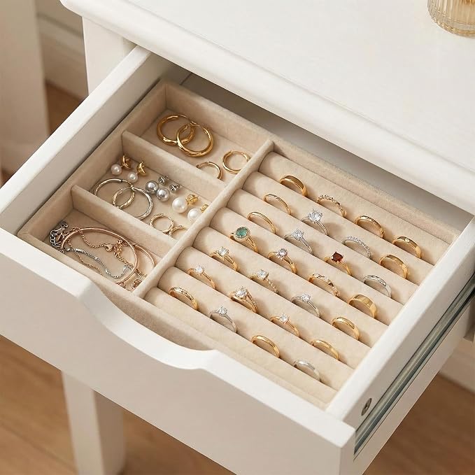 Jewelry Box Insert Organizer for Drawer, Stackable Trays Velvet Jewelry Drawer Inserts, Ring Earring Stud Necklace Holder Display Storage Case(Beige, 8.3 x 4.9in)