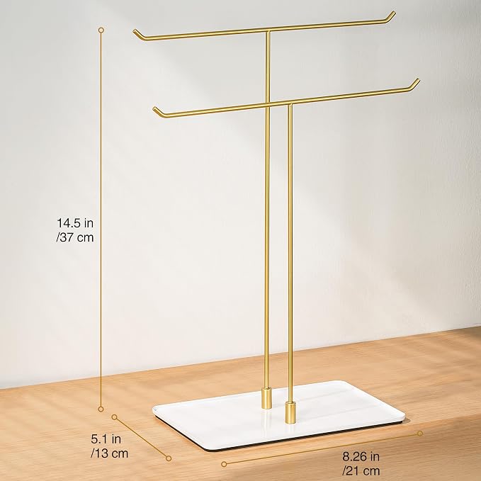 Necklace Holder Stand,Metal Jewelry Organizer for Home Decor,White and Gold | Modern Design,Easy Assembly,Non-Slip EVA Pads,Gift for Woman,Necklace Display for Bedroom,Vanity and Dresser