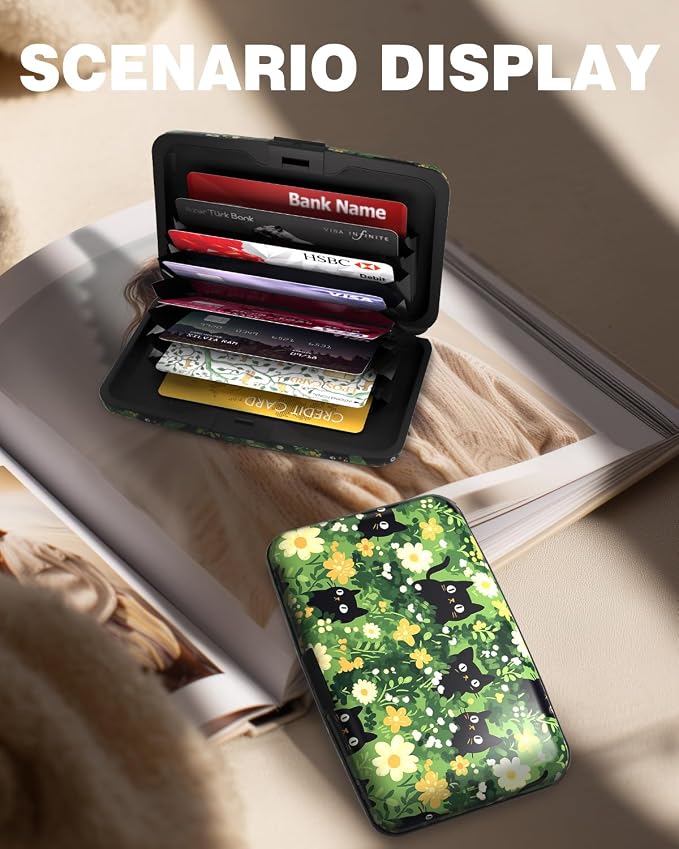 Maicican Credit Card Holder, Mini RFID Blocking Aluminum Wallet | Slim Metal Hard Case Travel Wallet ID Case for Women and Men, 4.3 x 2.9 Inches, Cats and Flowers