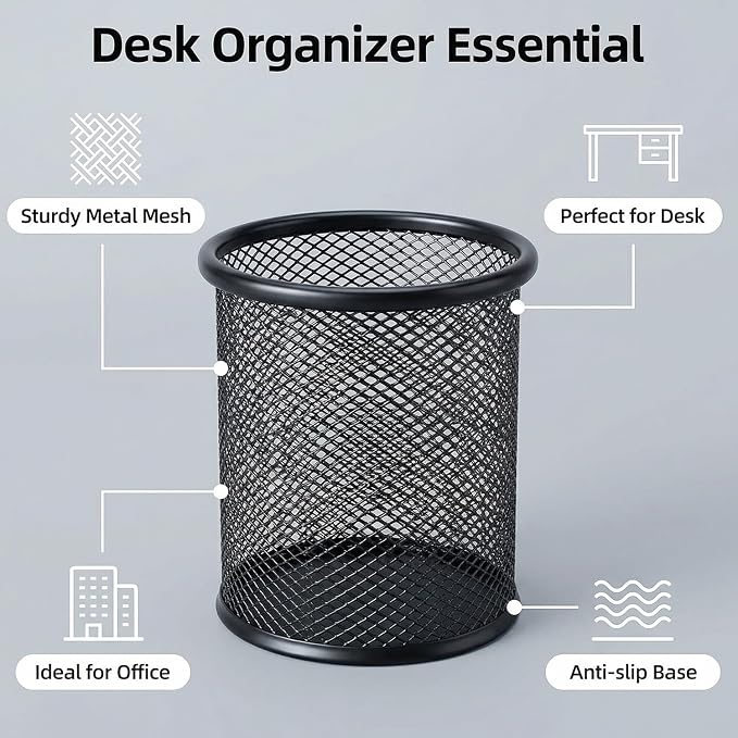 Pen Holder Pencil Holder Mesh Metal Pen Cup Holder Pencil Cup Holder for Desk Office Home Pen Organizer Black, 6 Pack