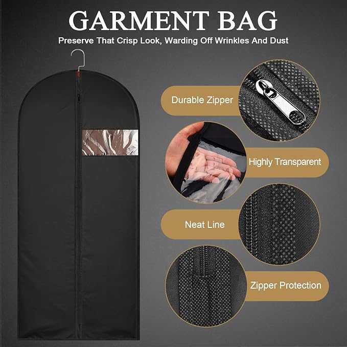 2Pcs Garment Bags Covers, 60Inch Hanging Clothes Bag, Suit Cover Bags with Clear Window for Hanging Closet Clothes Storage and Travel (2, Black, 60 inch)