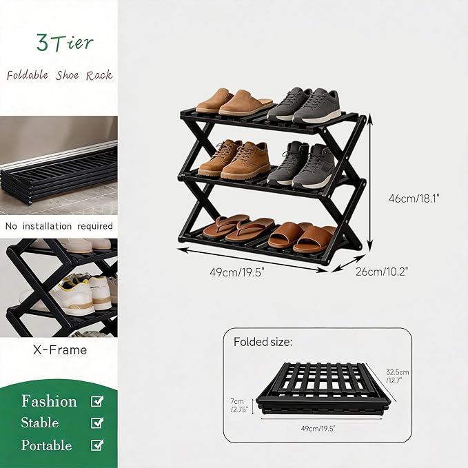 3 Tier Bamboo Shoe Rack Black,Portable Folding Shoe Storage Rack,Without Installation Small Shoe Rack Perfect for Corridors, Drom, Bedrooms and Small Spaces