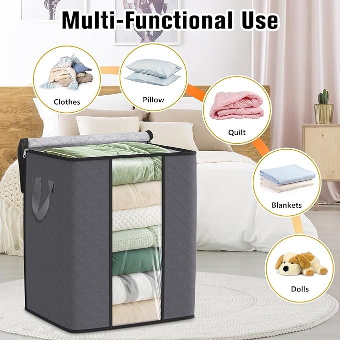 SpaceTrove Clothes Storage Bags, 4-Pack Comforter Blanket Organizers, 80L Large Capacity Containers with Visual Window for Clothing, Quilt, Sheet, Pillow, Closet Organization for Bedding (Grey)