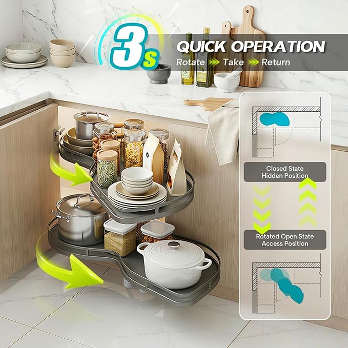 Blind Corner Cabinet Pull Out Organizer, Heavy Duty 2-Tier Soft Close System, Fits 12”-18” Cabinets, Left/Right Adjustable Magic Corner Storage for Kitchen Cabinets