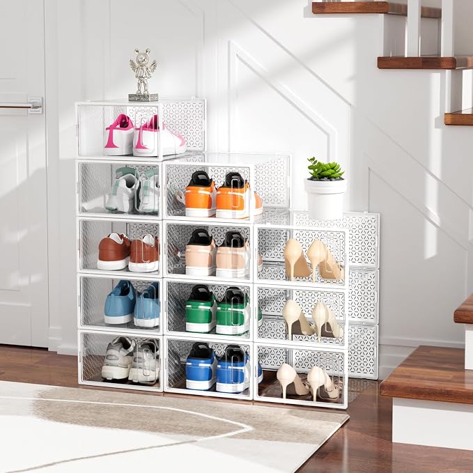 Shoe Boxes, 12 Pack Clear Plastic Stackable Shoe Storage Boxes Fit US Size 10, Ventilated Dust-Proof Sneaker Containers, Shoe Organizer for Closet, Entryway, 13.1 x 9 x 5.5 Inches, White