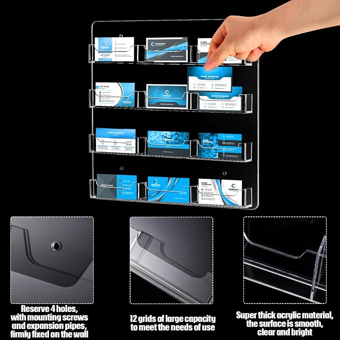 Hillban Acrylic Business Card Holder Wall Mount Clear Sticker Display Rack Multiple Card Holders Clear Acrylic Organizing Sticker Display Stand Pre Drilled(12 Pockets)