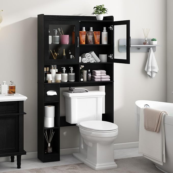 Vabches Over-The-Toilet Storage Cabinet, Farmhouse Style with 2 Acrylic Waves Doors, Space-Saving Home Storage Rack for Restroom, Bathroom and Laundry Room.Black.