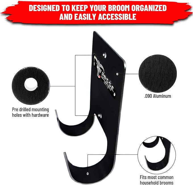 Pit Posse PP3187BK Aluminum Broom Holder Hanger for Trailer Garage Shop Storage - Made in USA - Whisk/Angle Brooms Wall Mount Utility Rack Caddy Cabinet Organizer for Enclosed Race Trailers (Black)