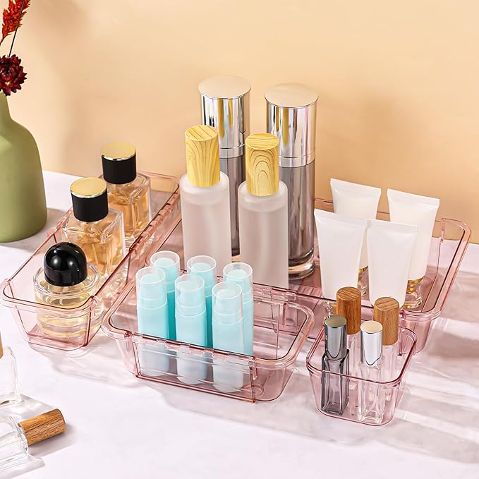 20 Pcs Clear Drawer Organizer, Adjustable Drawer Storage Box, 3-Size Desk Drawer Organizer, Acrylic Storage Bins for Makeup, Kitchen Utensils, Bedroom Dressers Tool Organizer for Gadgets, Pink
