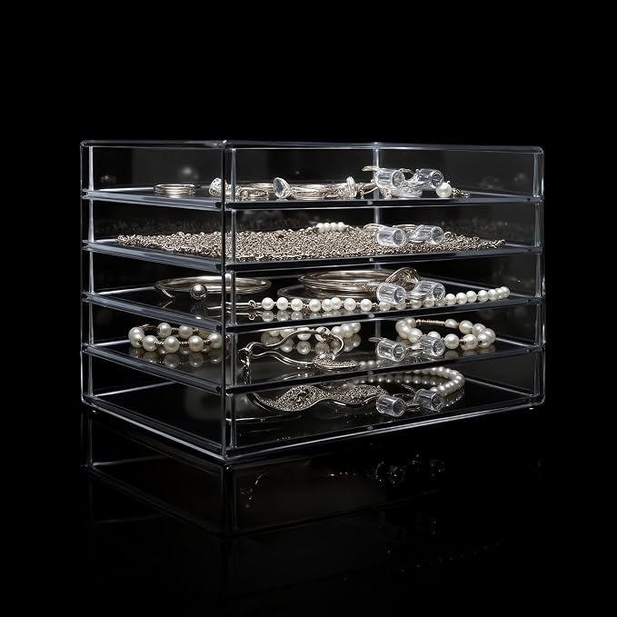 Clear Acrylic Jewelry Storage Box, Earring Jewelry Organizer with 5 Drawers, 5-Layer Jewelry Box for Women, Earring Display Holder for Earrings Ring Bracelet Necklace Transparent Display Storage Case