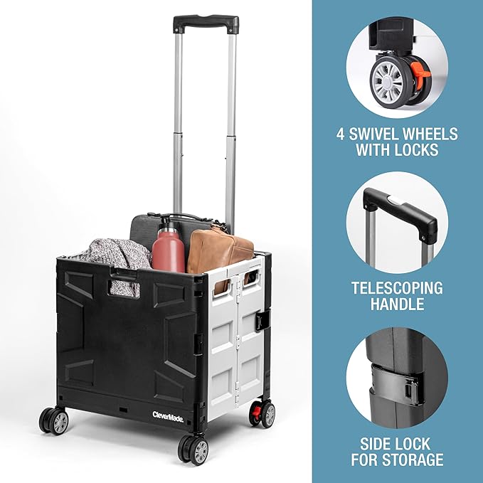 CleverMade Collapsible Crate on Wheels with Handle (35L, 4-Wheel) – Collapsible Rolling Cart with Lid, Foldable Utility Cart for Teachers, Groceries, Travel, Office Storage – Holds 75 lbs, Cool Gray
