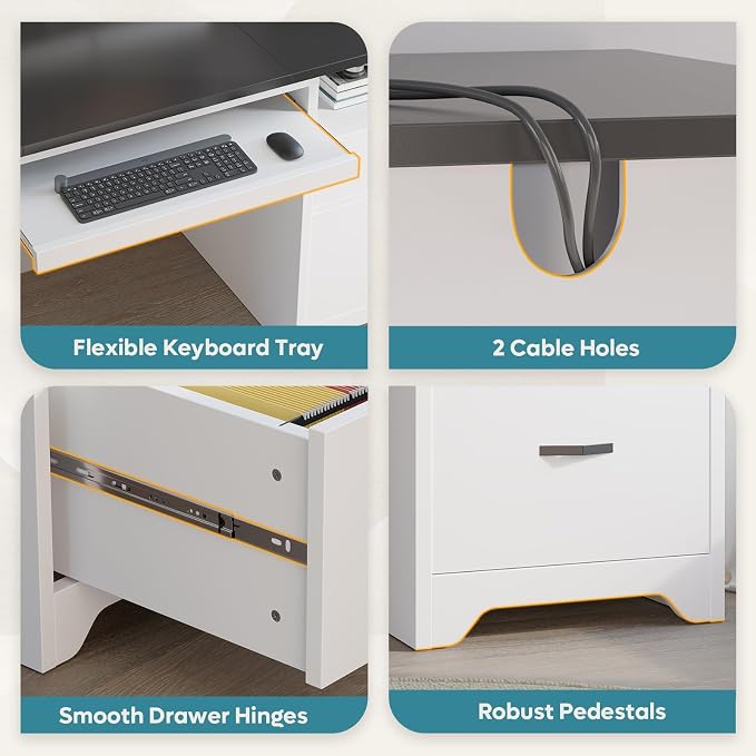 Bestier 59” Computer Desk with 4 Drawers, Charging Station, White | Office Desk with Storage, Modern Executive Desk with Keyboard Tray & Wooden Pedestals on Both Sides for Home Office & Studio