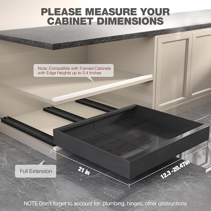 Seinloes 4 Pack Pull Out Cabinet Organizer 21" Deep,Full Extension 3 Slide Rails Slide Out Drawers With Raising Pad for Framed Cabinets,Expandable Width (12.3"-20.5"),No Drill Roll Out Shelves,Black