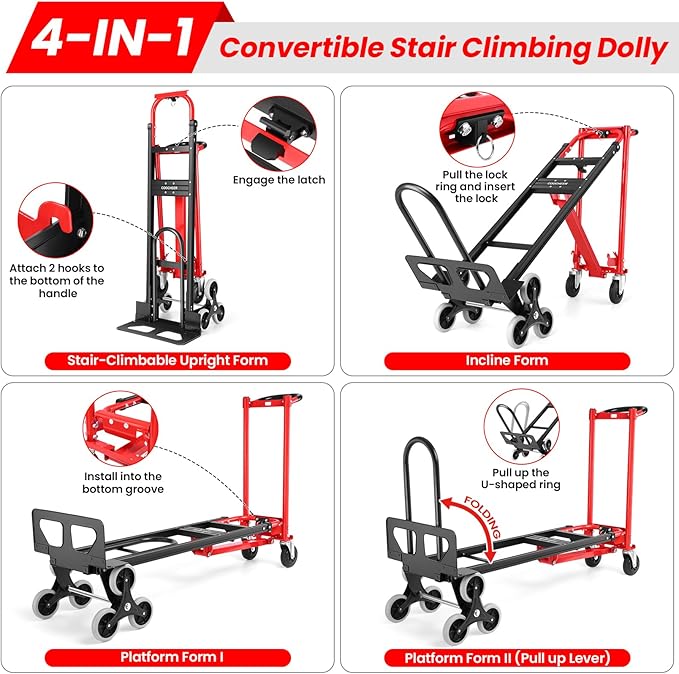 4-in-1 Hand Trucks Dolly 1000 LBS Stair Climbing Cart, Heavy Duty Industrial Convertible Utility Cart Converts from Hand Trucks Dolly to Platform Cart Folding Stair Climbing Cart (Red)