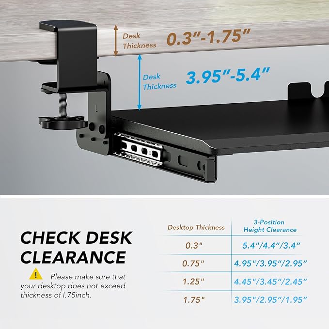 AX WABER Keyboard Tray Under Desk Pull Out with Extra Sturdy Adjustable C Clamp Mount System, 27.3 (32.5 inch Including Clamps) x 11 Inch Slide-Out Platform Computer Drawer for Typing, Black,AX01WB01