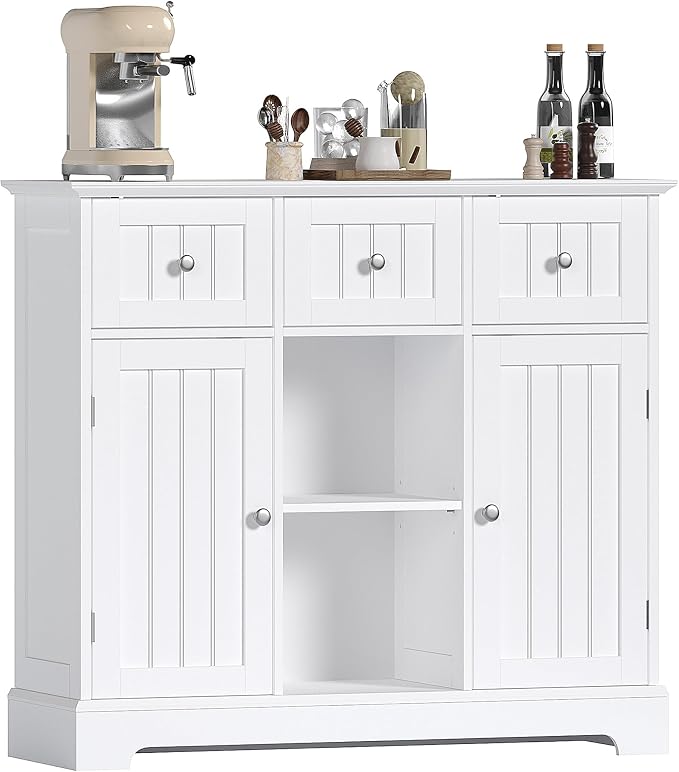 ChooChoo 35.4" Coffee Bar Cabinet with 3 Drawers and 2 Doors, White | Buffet Cabinet with Adjustable Shelves, Storage Cabinet for Compact Kitchens, Dining rooms and Living rooms