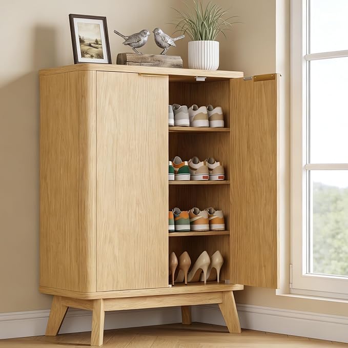 Shoe Cabinet with Doors & Adjustable Shelves, Natural | Modern Wooden Storage Cabinet for Entryway, Mudroom And Apartment, Reducing Clutter And Dust Buildup