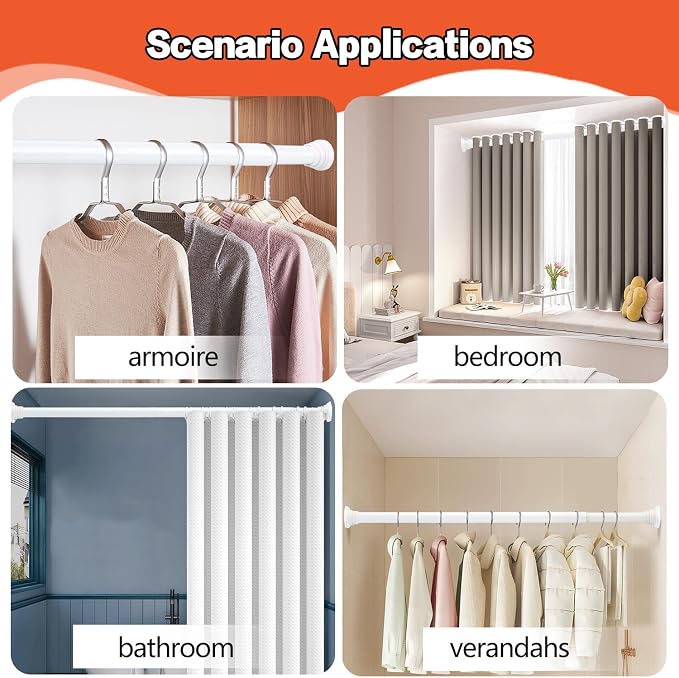 No Drilling Closet Rods for Hanging Clothes, Adjustable 30-76 in | White, Metal, Heavy Duty, Space Saving, Suitable for Wardrobes, Laundry, RV