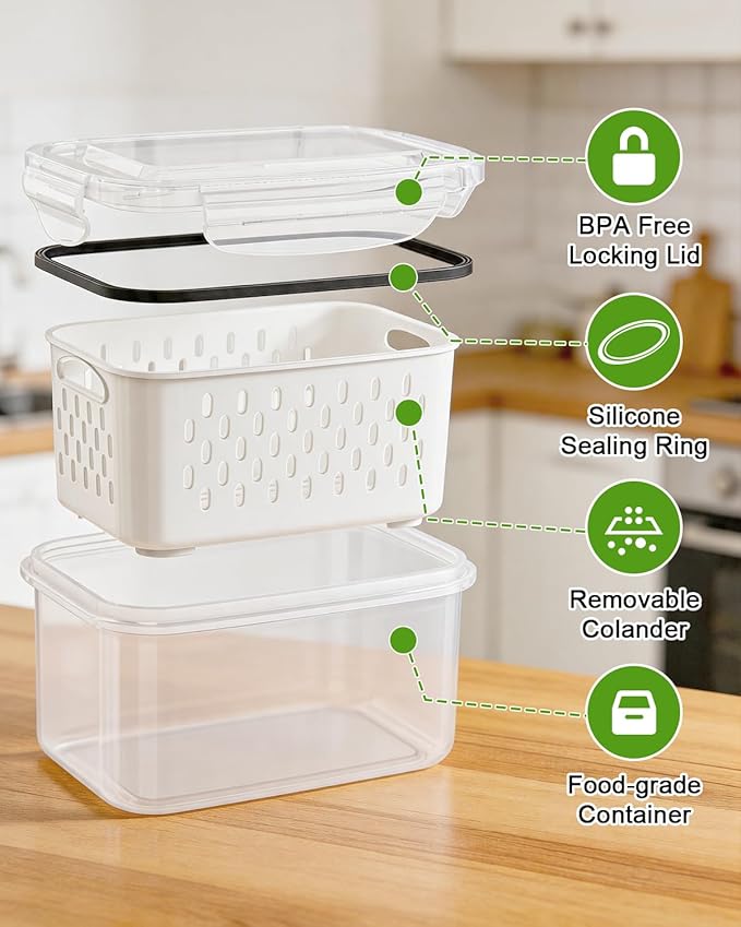 4 Pack Fruit Storage Containers for Fridge Fresh Produce Saver Berry Keeper | Airtight Food Container Set with Colander Lettuce Keep Fresh BPA Free Plastic Refrigerator Organizer Freezer Dishwasher Safe