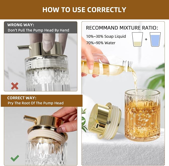 RYTOXILO Foaming Soap Dispenser, Gold Glass Foam Hand Soap Dispenser for Bathroom, Refillable 7.8 Fl Oz Foamy Pump Bottle with Plastic Golden Pump, Modern Dish Soap Foam Dispenser Container