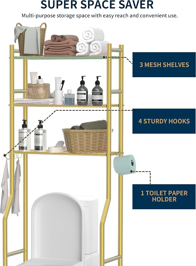 3-Tier Over The Toilet Storage, Freestanding Metal Bathroom Organizer with 4 Hooks & Anti-Tilt Kits, Heavy Duty Space Saver Shelf for Bathroom/Kitchen/Living Room, Gold