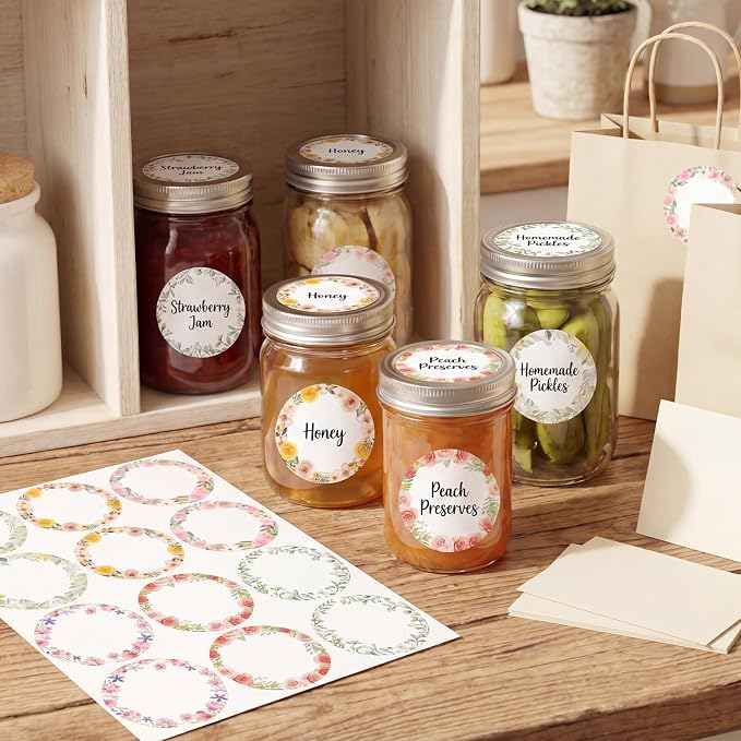 360 Pcs Canning Jar Labels, 2 Inch Floral Round Stickers, Writable | Self-Adhesive, Easy To Write, 6 Floral Designs, For Jars Bottles Meal Prep Pantry Organization