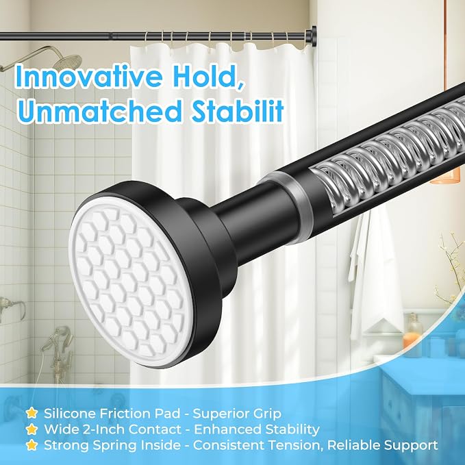 AIZESI Shower Rod, Adjustable 42-74 Inch Black Shower Curtain Rod, 1" Diameter Tension Rod No Drilling, Anti-Slip, Premium Stainless Steel Anti-Rust, Shower Rods for Bathroom
