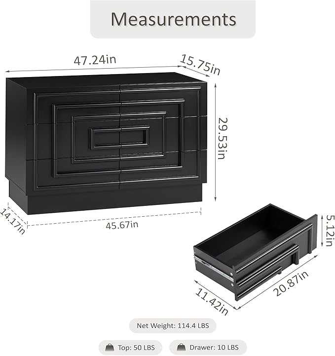 Aoikax Modern 6-Drawer Dresser, Sculptural Mid-Century Drawer of Chest with Geometric Square Pattern, Contemporary Accent Dresser for Bedroom, Living Room, Black