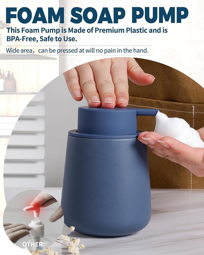 Bosilunlife 12Oz Ceramic Foam Soap Dispenser for Bathroom Kitchen Counter | Premium countertop foam pump creates delicate dense foam, stable desktop placement,Matte Blue
