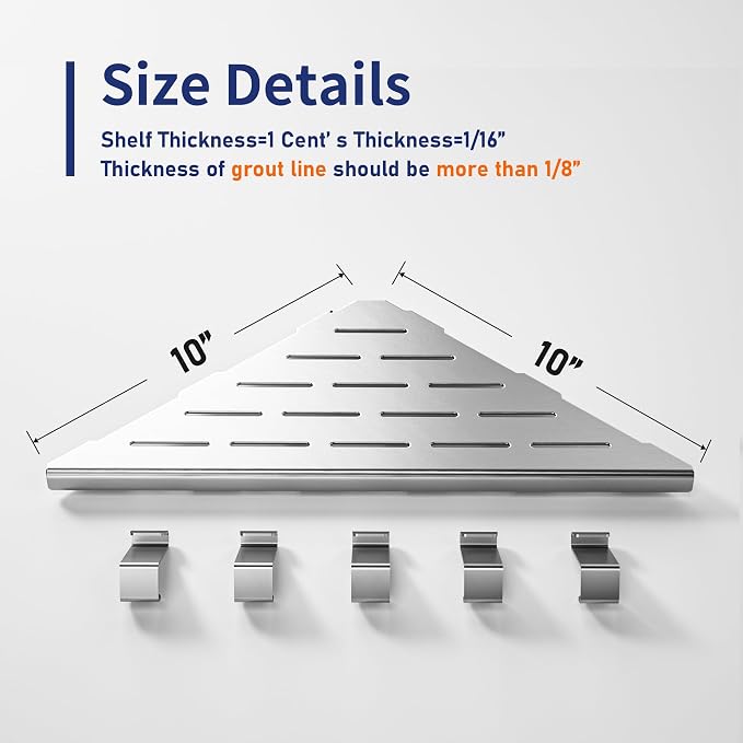 10'' Corner Shower Shelf | 304 Stainless Steel Shelves for Bathroom, Grout in Shelf with Hooks for Tiled Wall (Brushed)