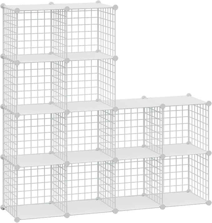 HUBSON Wire Cube Storage Organizer, Book/Toy/Craft/Potted Plants and petCloset Organizers and Storage Shelves, 12-Cube Freely Combinable Metal Grids Storage Shelf,White Plus Iron