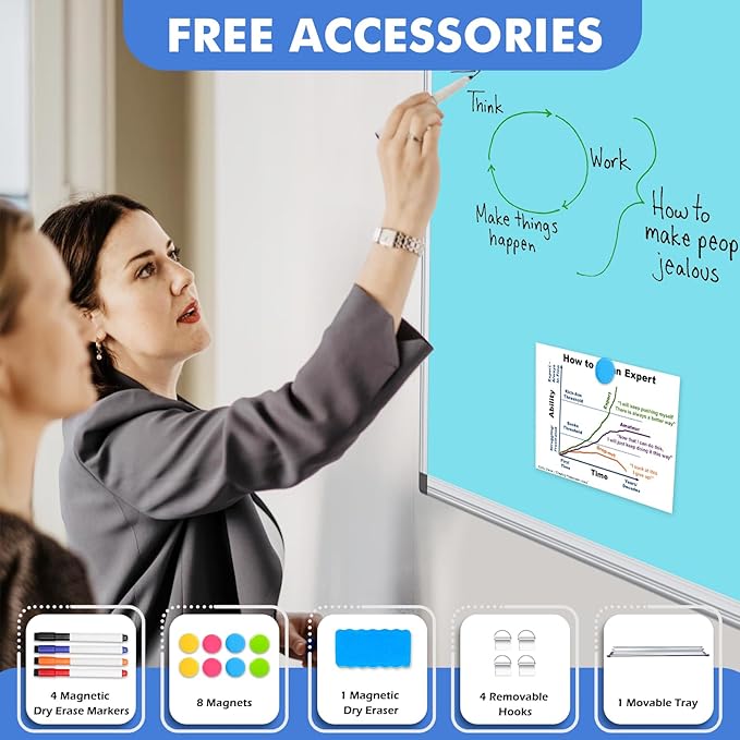 WALGLASS Magnetic Whiteboard 24"x18" Dry Erase White Board for Walls with Pen Tray, Aluminium Frame and Dry-Wipe Writing Surface for School, Home, and Office (Blue)