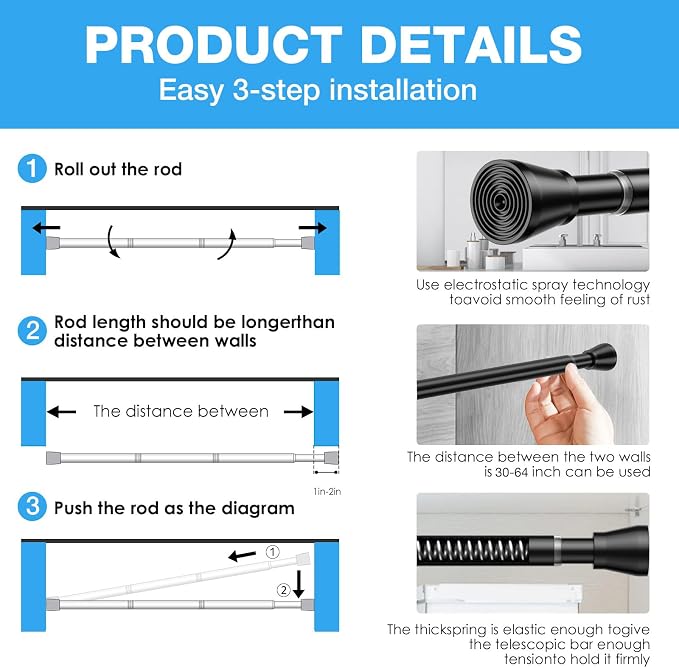 2 Pack Spring Tension Rods 30-64 Inches, 7/8 Inch Diameter Black No Drill Spring Loaded Adjustable Extendable, Small Short Tension Curtain Rod for Windows Kitchen Doorway Closet Cupboard