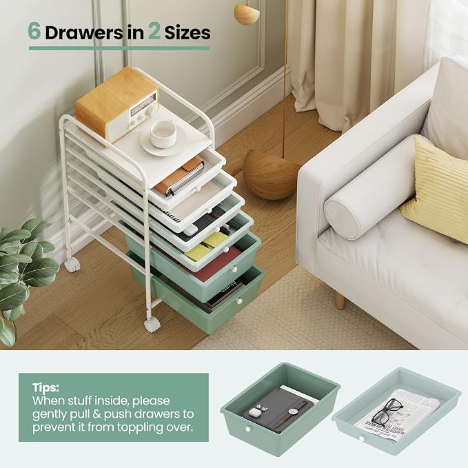 Giantex 6 Storage Drawer Cart Rolling Organizer Cart for Tools Scrapbook Paper Home Office School Multipurpose Mobile Utility Cart, Green Gradient