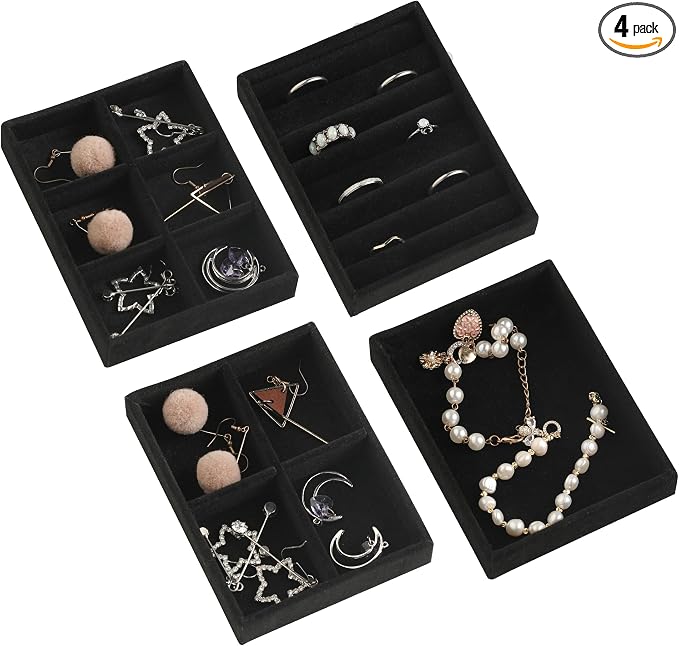 Frebeauty Small Jewelry Organizer for Drawer,Set of 4 Velvet Jewelry Trays | Jewelry Box Inserts,Drawer Inserts,Vanity Drawer Organizer,Mini Size,Stackable Earring Organizer,Adjustable Dividers