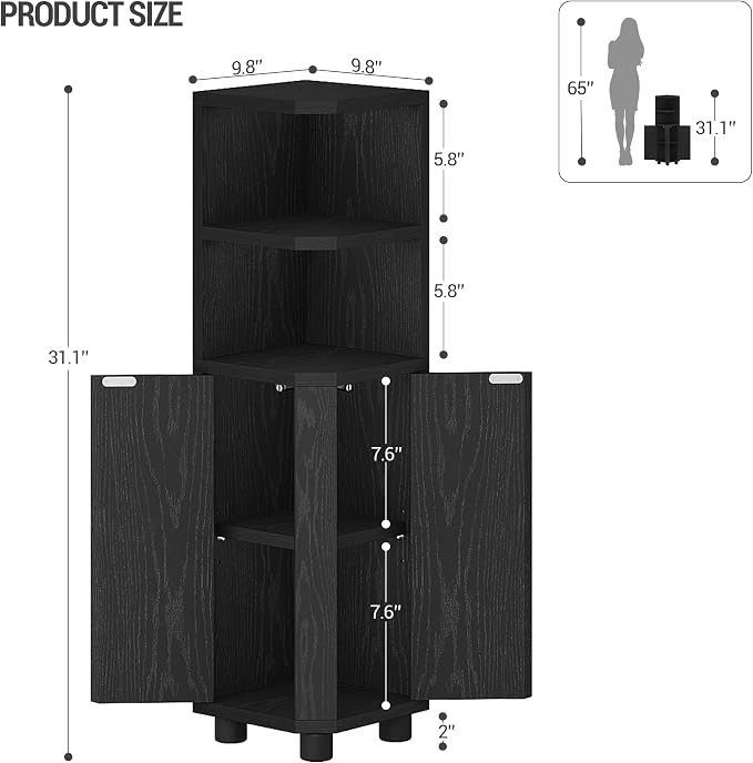 Hzuaneri Corner Cabinet, Small Bathroom Corner Cabinet with Doors | Narrow Storage Cabinets with Adjustable Shelves, Bathroom Organizers and Storage for Small Space,Black BC21004X