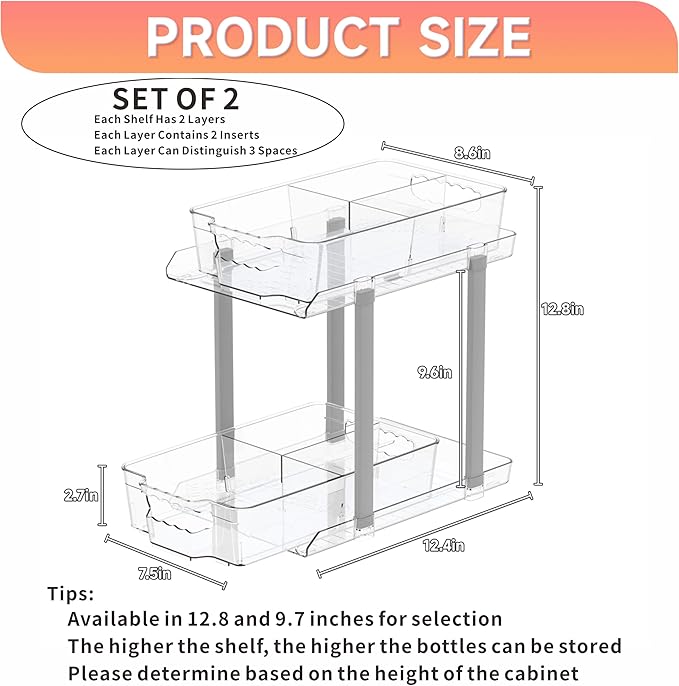 SuoXing 2 Pack 2 Tier Under Cabinet Bathroom Storage,Large 12.4″ Deep Under Sink Organization With Dividers,Clear Pull Out Organizers for Kitchen,Undersink Storage for Hair Products,Towel and Makeup