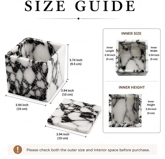 Natural Marble Square Storage Box with Lid, 3.94 in | A small lidded natural marble box that turns jewelry, cotton swabs, and hair ties into a polished vanity display.