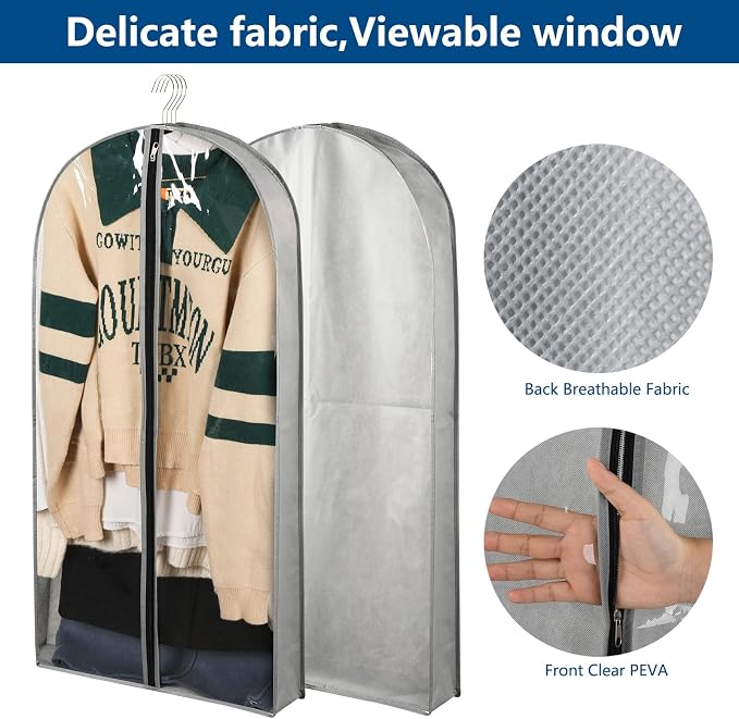 5 Pack 40" Garment Bags for Hanging Clothes Storage, Clear Suit Garment Bags with 4" Gussets for Closet Storage Travel, Plastic Protector for Coat, Jacket, Sweater, Shirts
