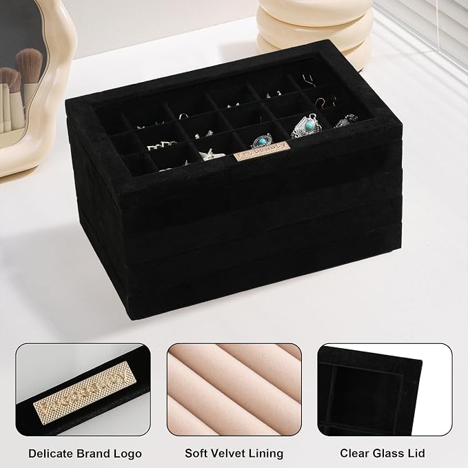 Frebeauty Stackable Jewelry Trays,Set of 4 Jewelry Organizer for Drawer | Glass Lid,Removable Dividers,Stackable Design,Velvet Material,Drawer Inserts,Earring Organizer,Jewelry Box for Rings Bracelet