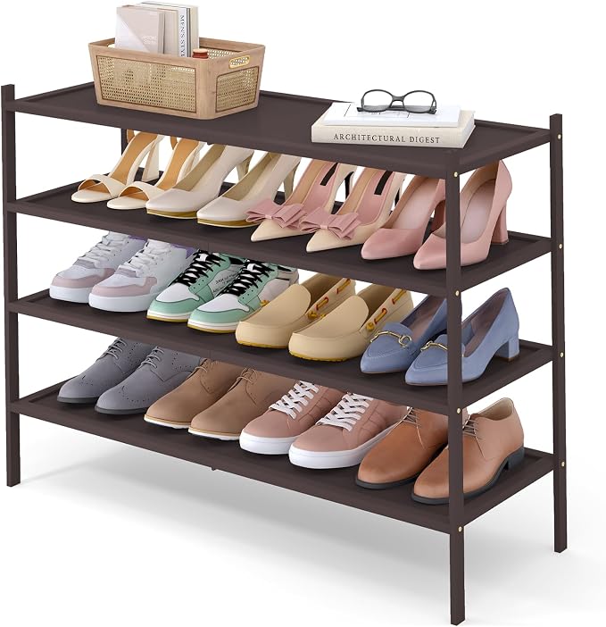 Smiry Bamboo Long Shoe Rack, 4 Tier Shoe Organizer for Entryway & Closet, Stackable Free Standing Storage Shelf for Shoes, Bags & Plants, Brown