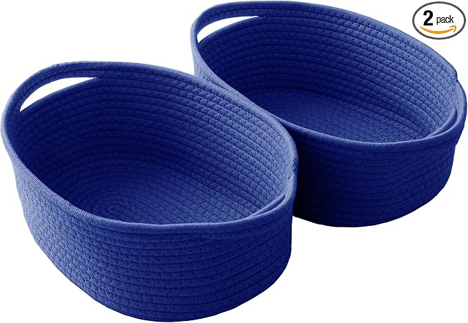 JMvicyroam Woven Basket,Small Rope Storage Bin with Handles & Ribbon Bag, Organizer for Shelves Closets,Gift Basket Empty for Birthday,Books,Dog Toys, Navy Blue/2 Pack