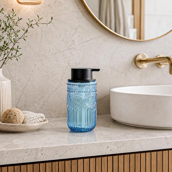 Glass Foaming Hand Soap Dispenser, 13.8 oz Kitchen Dish Soap Dispenser with Black Foam Pump,Blue Foam Soap Dispenser for Bathroom Decor