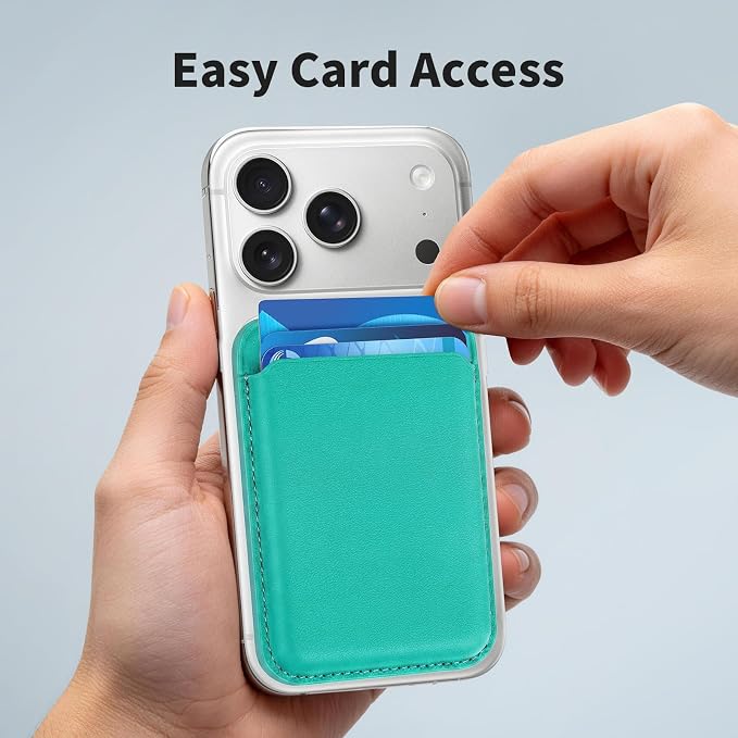 Magnetic Wallet Phone Card Holder for Phone Case with Mag-Safe, Stronger Magnetic RFID Leather Phone Wallet Stick on Series of iPhone 17/16/15/14/13/12 and Pro/Promax, Turquoise