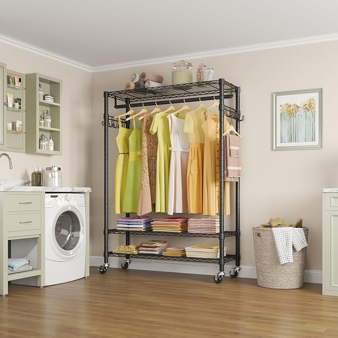 VIPEK R3 Plus Rolling Clothes Rack with Locking Wheels, Portable Closet for Hanging Clothes Heavy Duty Garment Rack with Adjustable Shelves and Side Hooks, Metal Wardrobe for Home Storage, Black