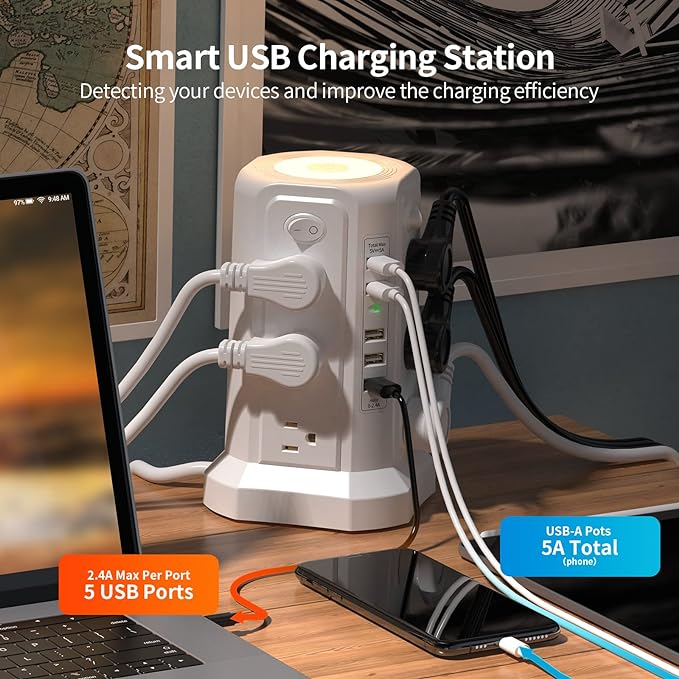 Surge Protector Power Strip Tower with 5 USB Ports and Night Light, 10FT Extension Cord with 12 AC Multiple Outlets, PASSUS Power Tower, Overload Protection for Home Office Dorm Room (White)