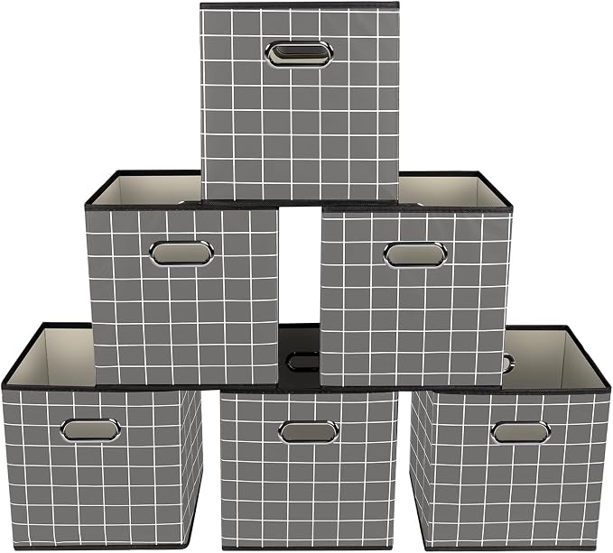 Yunkeeeper storage bins Cubes, Fabric Cube Organizer with Handle, Foldable Cube Bins for Cloth or Accessary Storage, 11x11x11, Set of 6, (Grey grid)